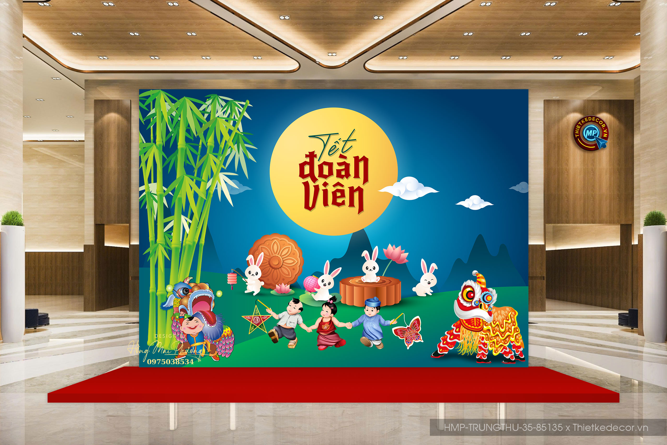 Backdrop Trung thu Tết đoàn viên toen xanh  350x250. Trang trí decor sảnh Chung cư, quán ăn, mall, siêu thị, công ty, văn phòng, nhà hàng